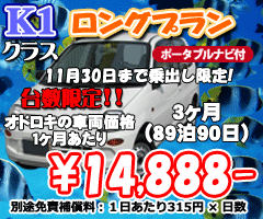 K1クラス ビックリプラン　３ヶ月　ナビ付(89泊90日