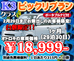 K3クラス ビックリプラン　１ヶ月　ナビ付(29泊30日)